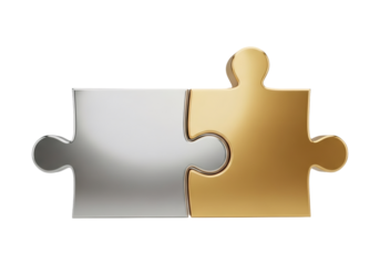 Connected Gold and Silver Puzzle Pieces on Black Background Illustrating Partnership and Problem Solving