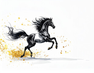 墨絵風の馬シルエット　和風干支午　年賀状素材　ミニマルアート　水墨画イラスト