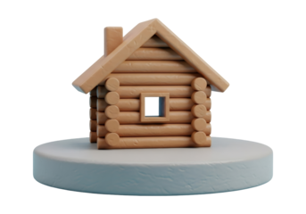 Cozy 3d Rendered Log Cabin on Round Snow Covered Pedestal Against Transparent Background