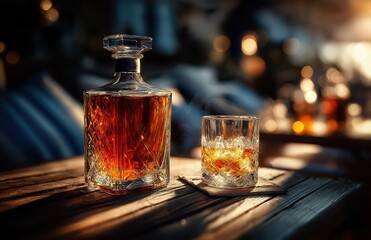 Elegant whiskey decanter and glass set on rustic wooden bar table, golden sunset light enhancing amber tones for premium scotch or brandy drinking experience in upscale pub or restaurant