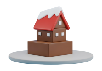 Cute 3D Render of a Snowy Christmas House with a Red Roof on a White Table in Minimalist Style