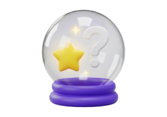 Crystal Ball with Star and Question Mark on a Purple Stand on Black Background for Mystical Future Prediction and Decorative Illustration