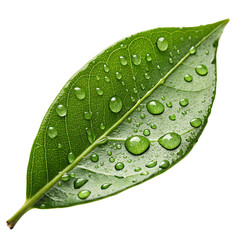 A green plant leaf with sparkling morning dew drops isolated on a transparent background png