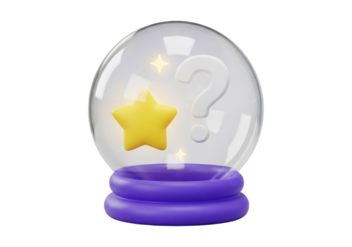 Crystal Ball with Star and Question Mark on a Purple Stand on Black Background for Mystical Future Prediction and Decorative Illustration