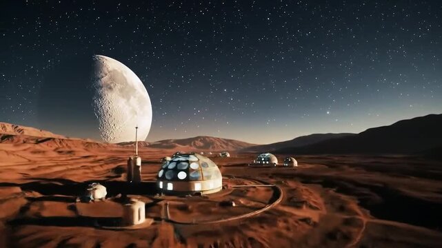 Nighttime Mars Colony with Glowing Domes Under a Starry Sky and Phobos