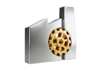 Chrome Industrial Factory Icon with Golden Gear on Black Background for Manufacturing and Production Processes