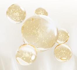 3d gold liquid gel bubbles, honey or oil drops, jelly cream texture, floating circle yellow droplets. Cosmetic spheres of collagen serum, hyaluronic essence. Shiny fluid ball pattern. 3D illustration