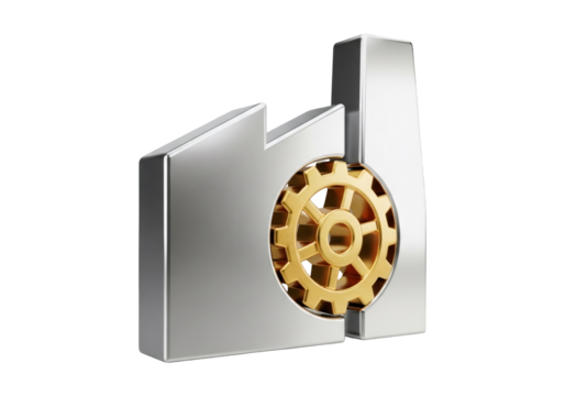 Chrome Industrial Factory Icon with Golden Gear on Black Background for Manufacturing and Production Processes