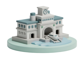 Detailed 3D Render of a Modern Maritime Building with Clock Tower Overlooking a Water Dock in Light Blue and White with Clean Lines