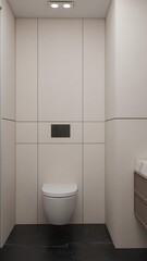 This modern, minimalistic bathroom features sleek beige walls, a wall-mounted toilet, a black flush plate, and dark marble flooring. Clean, contemporary design with subtle elegance