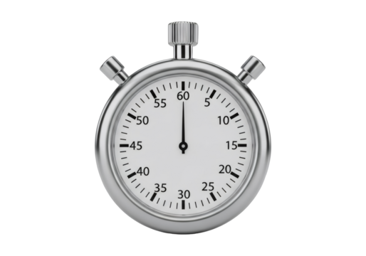 Detailed Chrome Stopwatch Showing Time on a Transparent Background for Punctuality and Time Management