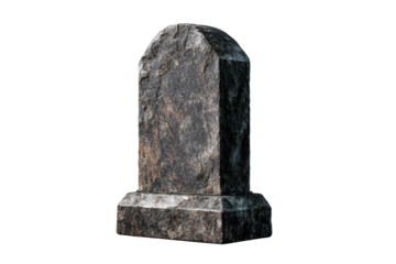A stone tombstone sits on a white background
