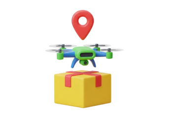 Drone Delivery Service with Yellow Gift Box and Red Location Pin on Black Background in a Modern Geometric Style
