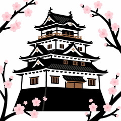 Traditional Japanese castle illustration adorned with soft pink cherry blossoms, symbolizing Asian heritage and the beauty of spring.