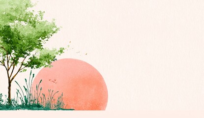 A minimalist illustration of a lush green tree and reeds beside a large, peach-colored sun on a pale background, with a few falling leaves