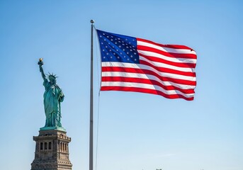 Fototapeta premium Iconic American Symbols: Statue of Liberty and Waving USA Flag Under Clear Blue Sky