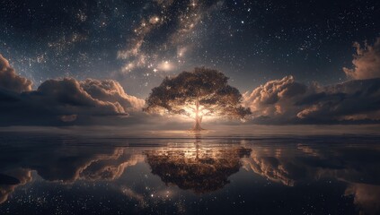 Naklejka premium A solitary tree stands in a serene, starlit landscape, its reflection mirrored perfectly in a calm body of water, surrounded by fluffy clouds