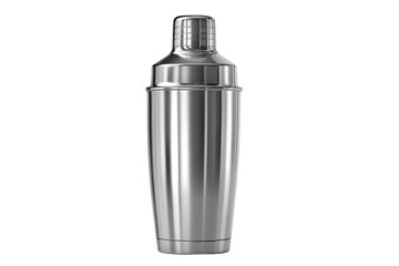 A silver cocktail shaker is sitting on a white background