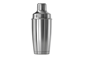 A silver cocktail shaker is sitting on a white background