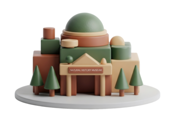 Geometric Building Rendering Featuring Green Dome Roof on Beige Facade and Stylized Trees on a Circular Platform Against Black Background