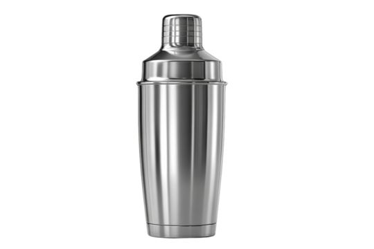 A silver cocktail shaker is sitting on a white background