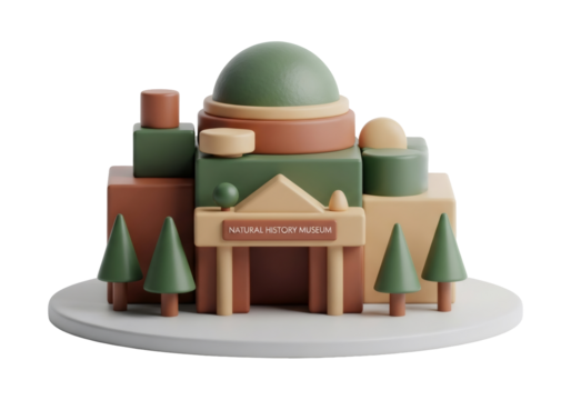 Geometric Building Rendering Featuring Green Dome Roof on Beige Facade and Stylized Trees on a Circular Platform Against Black Background