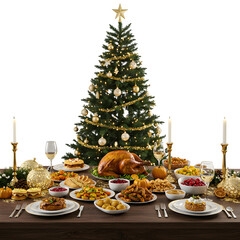 Christmas Dinner table full of dishes with food and snacks, New Year's decor with a Christmas tree isolated on white background, PNG Format