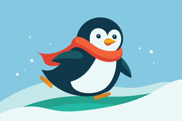 Fototapeta premium chubby penguin in a scarf sliding on icy snow .eps