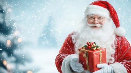 Santa claus holding gift in snowy winter wonderland with christmas tree