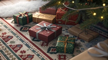 Festive christmas presents under a decorated tree on a patterned rug