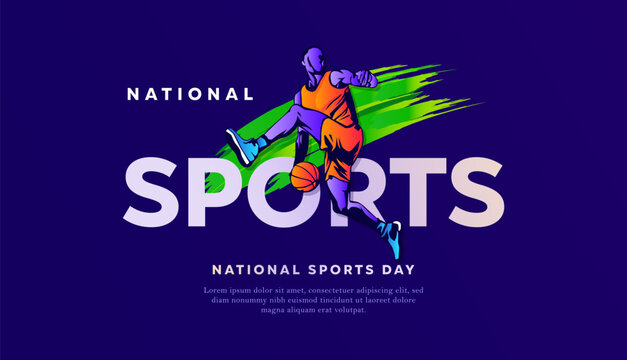 Colorful abstract illustration of a basketball player in action for National Sports Day. Modern vibrant design perfect for event posters, banners, and promotional materials celebrating sports. - Powered by Adobe