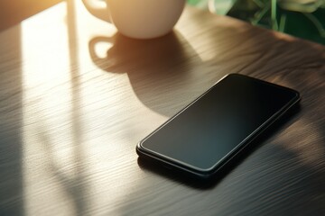 A sleek smartphone resting on a wooden table beside a steaming cup, bathed in warm sunlight