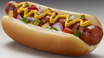 Close-up of a hot dog with condiments.
