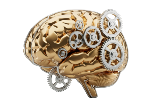 Golden Brain with Silver Gears Symbolizing Mechanical Mind and Innovation on Black Background