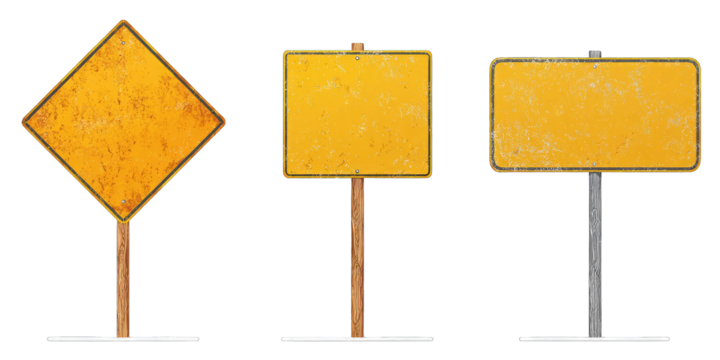 Three vintage-style, yellow road signs on stands