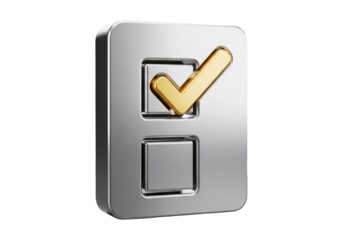 Golden Check Mark Inside Chrome Metal Checkbox Square Shape with Black Background for User Interface and User Experience