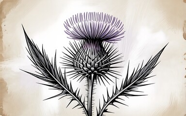 Obraz premium Detailed Line Drawing of a Thistle Flower with Purple Bloom and Spiky Leaves on a Textured Parchment Background