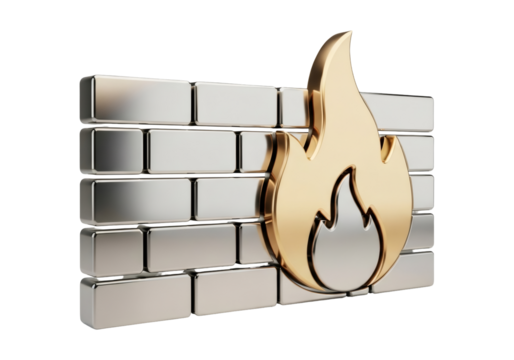 Golden Fire Flame Protecting Silver Metallic Brick Wall Cybersecurity Concept on Black Background