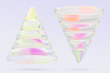 3d glass pearlescent cone and sales funnel. Marketing infographic, business concept. Abstract crystal geometric shapes with rainbow color gradient, isolated render icon set. 3D illustration