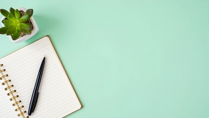 Mint Green Desk Flatlay: Open Notebook, Pen, Succulent, Copy Space, Minimalist, Fresh, Clean, Organized Workspace.