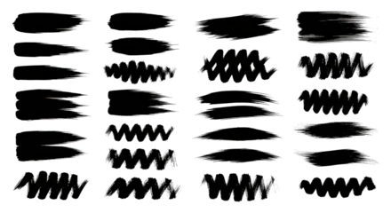 Assorted black ink brush strokes and textured elements, featuring straight, wavy, and jagged patterns for versatile graphic design applications