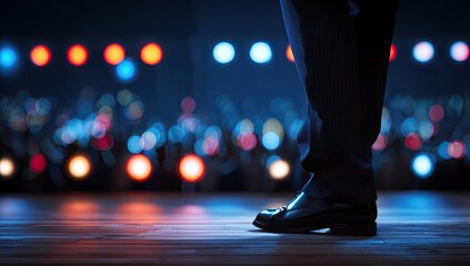 Fototapeta premium Businessman's legs on stage, lights blurred background