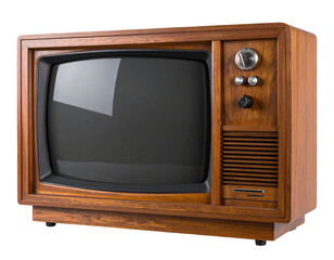 Retro TV: Vintage 1970s Wooden CRT Television with Black Screen, Isolated on White Background. vintage television, retro tv monitor frame, analog screen, old school design. Clipping path.