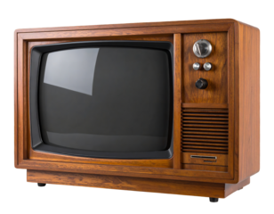 Retro TV: Vintage 1970s Wooden CRT Television with Black Screen, Isolated on White Background. vintage television, retro tv monitor frame, analog screen, old school design. Clipping path.