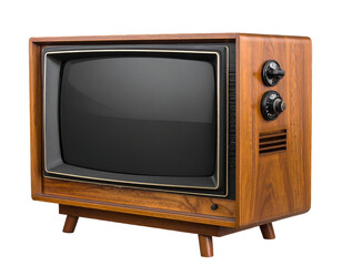 Retro TV: Vintage 1970s Wooden CRT Television with Black Screen, Isolated on White Background. vintage television, retro tv monitor frame, analog screen, old school design. Clipping path.