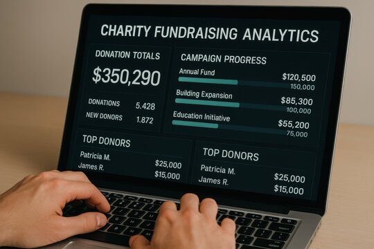 Charity Fundraising Analytics Dashboard Showing Donation Totals, Campaign Progress and Top Donors
