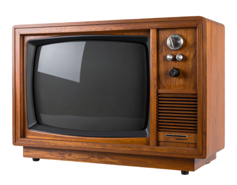 Retro TV: Vintage 1970s Wooden CRT Television with Black Screen, Isolated on White Background. vintage television, retro tv monitor frame, analog screen, old school design. Clipping path.