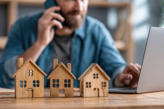 Man on phone, laptop, and model homes