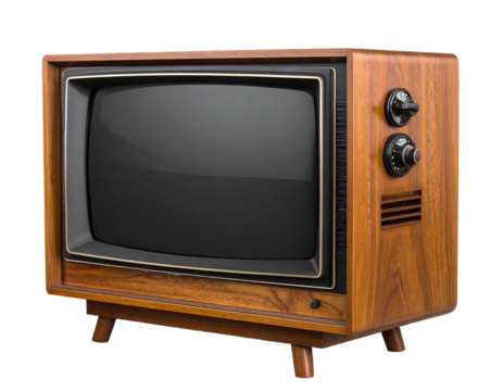Retro TV: Vintage 1970s Wooden CRT Television with Black Screen, Isolated on White Background. vintage television, retro tv monitor frame, analog screen, old school design. Clipping path.