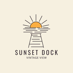logo simple wooden pier with sunset and sea views vector icon symbol modern illustration design